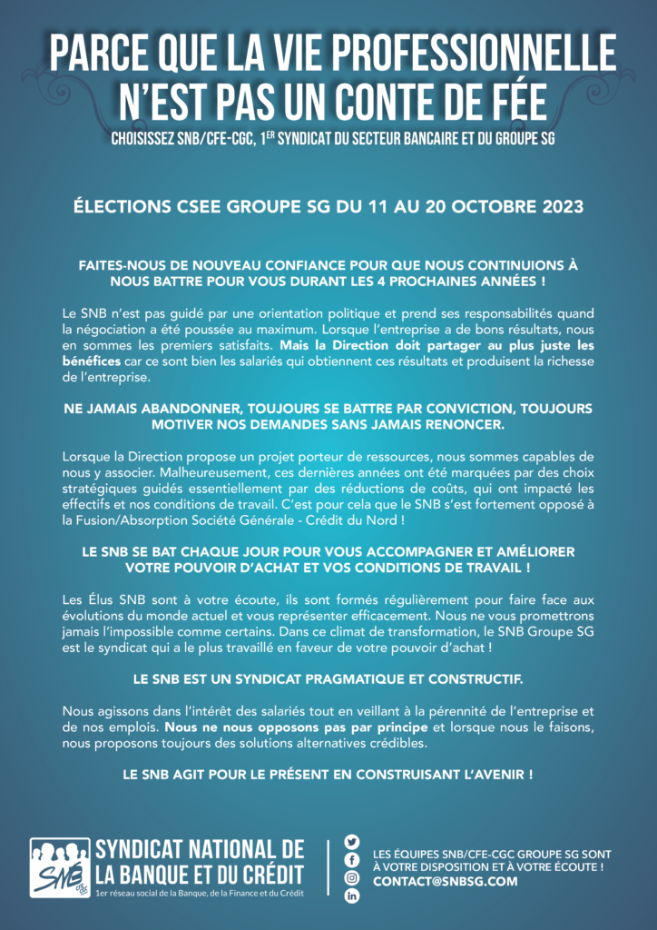 Le SNB toujours à vos cotés parce que la vie professionnelle n'est pas un  conte de fée – SNB SG